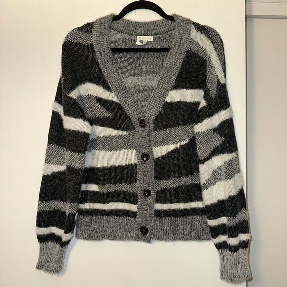 Leith Small Super Soft Button Down Cardigan Charcoal Gray White Camo Women’s EUC - Picture 1 of 10